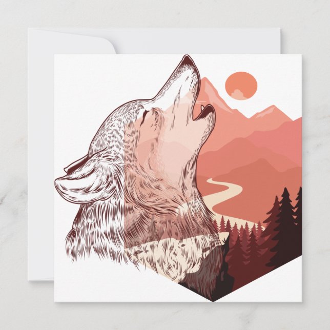 Vector illustration of a howling wolf Landscape T- Holiday Card (Front)