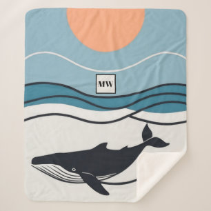 Vector minimalist whale in the ocean monogram sherpa blanket