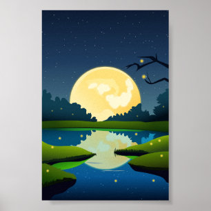 Vector Moonlight Night Time Landscape Background  Poster