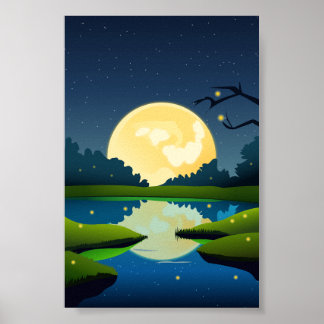 Vector Moonlight Night Time Landscape Background  Poster