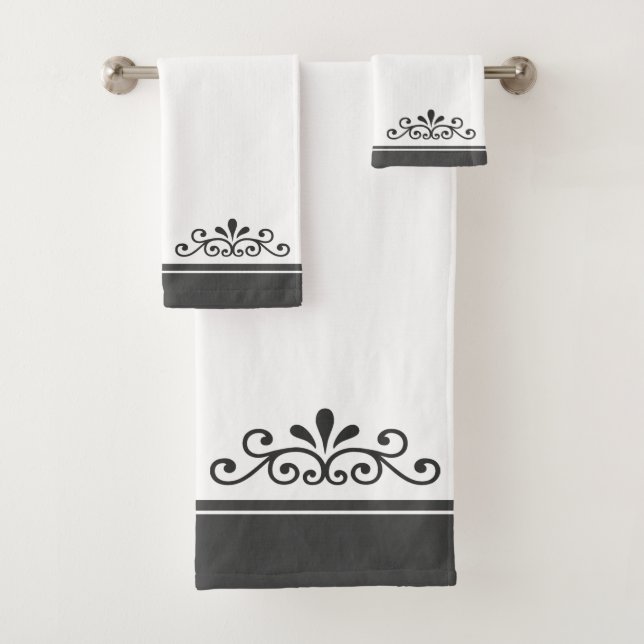 Vector Ornament & Grey Stripes on White Bath Towel (Insitu)