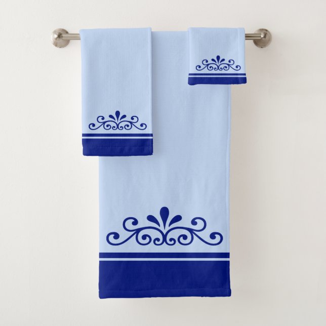 Vector Ornament & Royal Blue Stripes on Light Blue Bath Towel Set (Insitu)