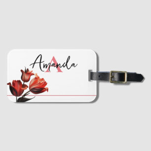 Vector Pink and Red Tulip Floral Monogram Luggage Tag