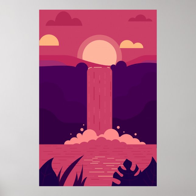 Vector Waterfall Background at Sunset Poster (Front)