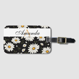 Vector White and Black Daisy Pattern Monogramed Luggage Tag