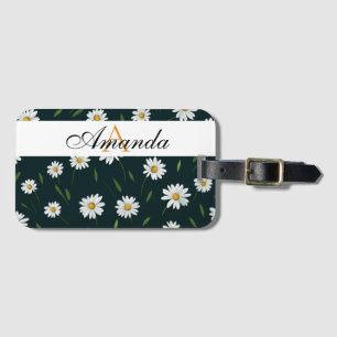 Vector White & Black Daisy Pattern Name Monogramed Luggage Tag