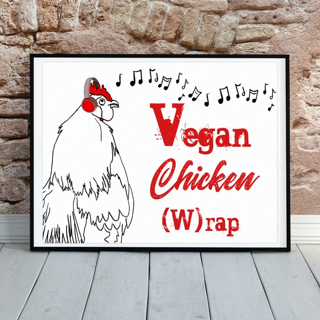 Vegan chicken W rap funny music Quote Rooster Poster (Funny rooster rap music joke. Simple farm chicken line art with musica notes vegan joke)