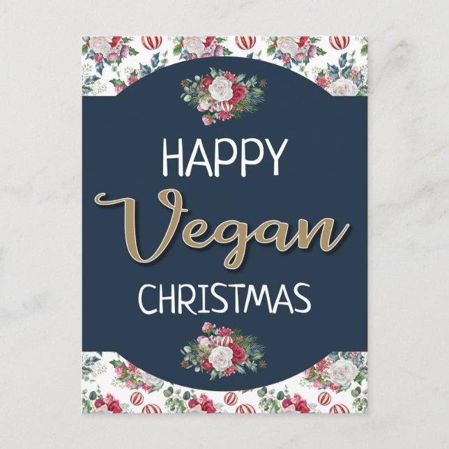 Vegan Christmas retro blue and gold wintry floral Postcard (Front)