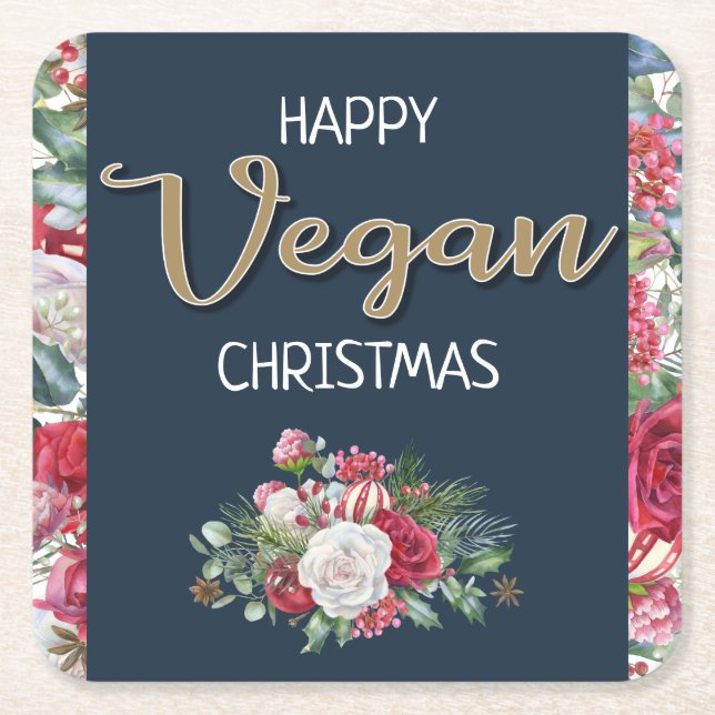 Vegan Christmas retro blue and gold wintry floral Square Paper Coaster (Front)