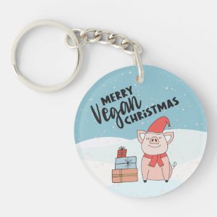 Vegan Christmas with cartoon piglet and presents Key Ring