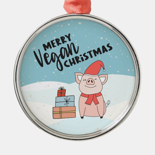 Vegan Christmas with cartoon piglet and presents Metal Ornament (Front)