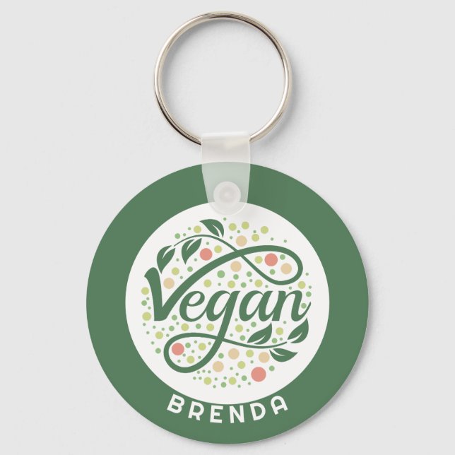 Vegan Creative Typography With Green Leaves Key Ring (Front)