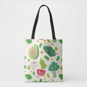 Vegan cute cartoon vegetable characters pattern tote bag