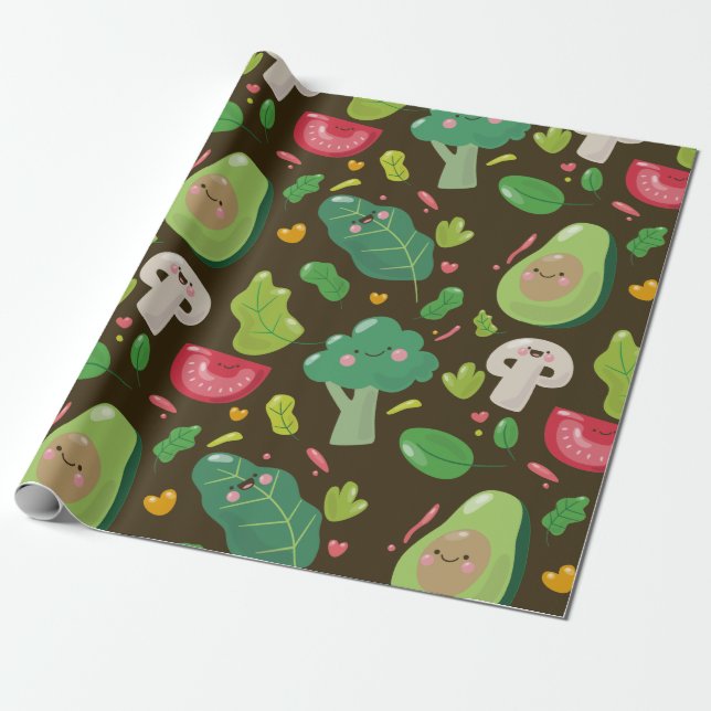 Vegan cute cartoon vegetable characters pattern wrapping paper (Unrolled)