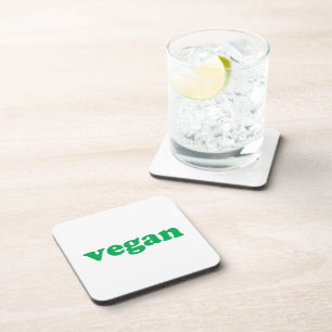 "vegan" green letters, white background coaster