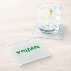 "vegan" green letters, white background glass coaster