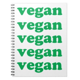 "vegan" green letters, white background notebook