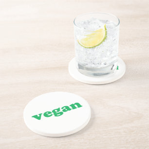 "vegan" green letters, white coaster