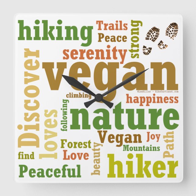 Vegan Hiker Hiking Word Cloud Square Wall Clock (Front)