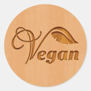 Vegan logo carved in wood effect classic round sticker
