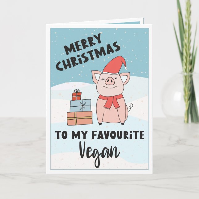 Vegan merry Christmas with cute piglet and gifts Card (Front)