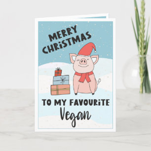 Vegan merry Christmas with cute piglet and gifts Card