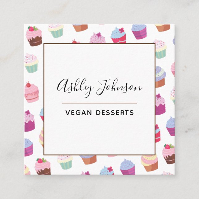 Vegan Plant Based Desserts Cupcake Pattern Social  Square Business Card (Front)