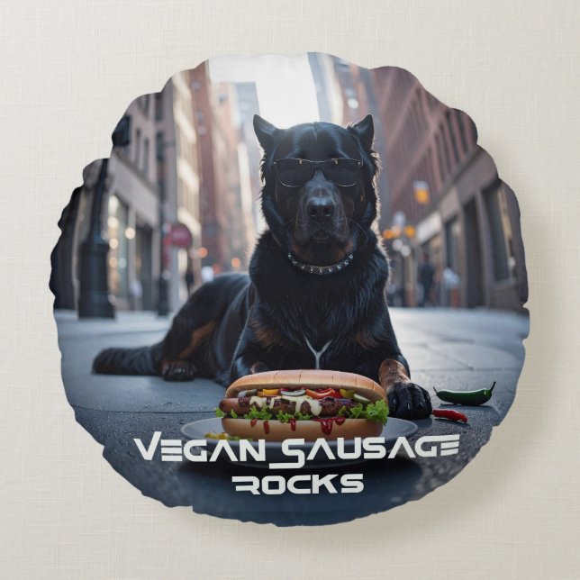 VEGAN SAUSAGE ROCKS - FUN ROUND CUSHION (Front)