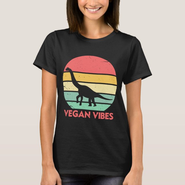 Vegan Vibes Vegetarian Dinosaur Plant Based Retro T-Shirt (Front)
