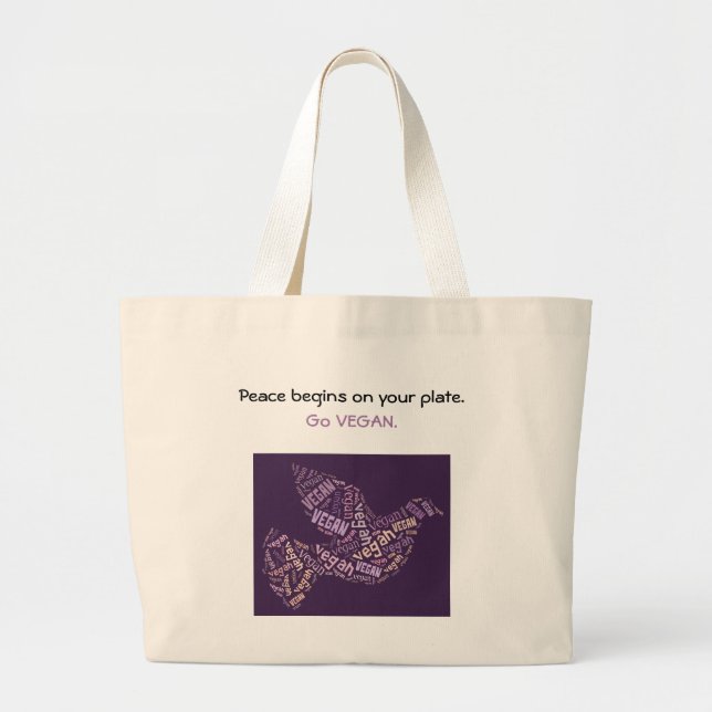 "Vegan" Word-Cloud Mosaic Peace Dove & Quote Large Tote Bag (Front)