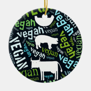 "Vegan" Word-Cloud Mosaic with a cow, pig, hen. Ceramic Tree Decoration