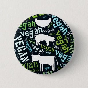 "Vegan" Word-Cloud Mosaic with Pig, Cow & Hen 6 Cm Round Badge