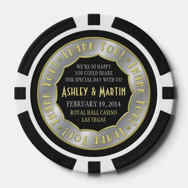 Vegas Casino Gold Silver Wedding Thank You Favour Poker Chips (Front)