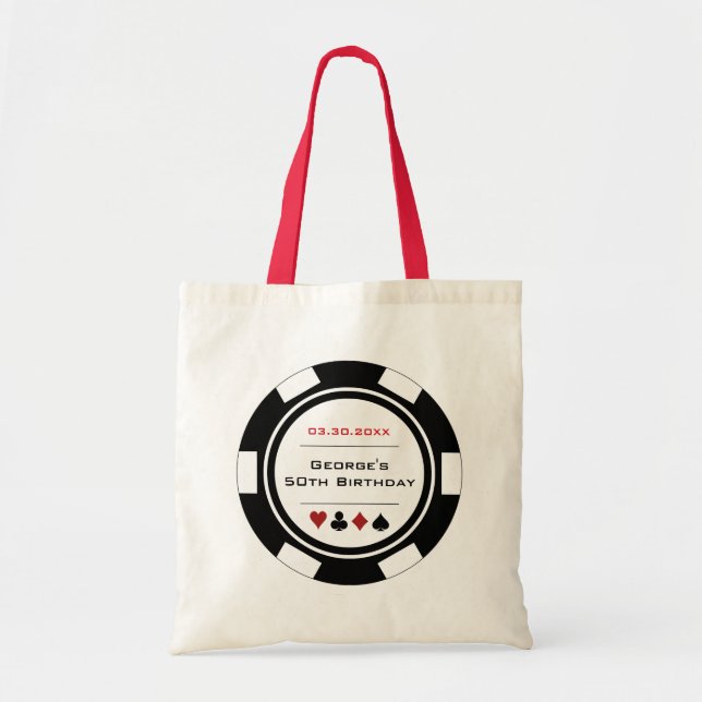 Vegas Casino Poker Chip Black White Birthday Tote Bag (Front)