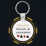 Vegas Casino Poker Chip Navy Blue White Wedding Key Ring<br><div class="desc">Getting married in Las Vegas or maybe you're having a casino themed wedding? These navy blue and white keychains would make a perfect idea for your guest's favours. Personalise the design with your names in black in the centre,  and a wedding date,  thank you,  etc. in blue on top.</div>