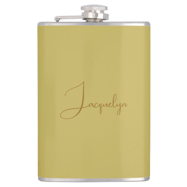 Vegas Gold Golden Brown Colour Calligraphy Name Hip Flask (Front)