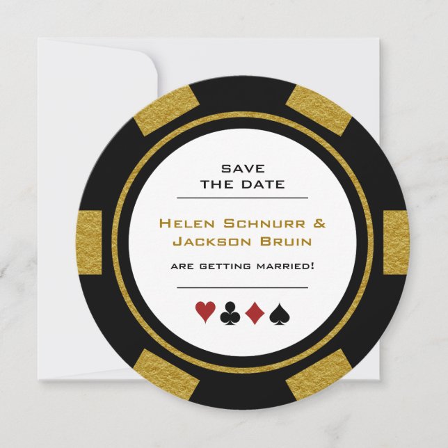 Vegas Poker Chip Black Gold Wedding Save The Date (Front)