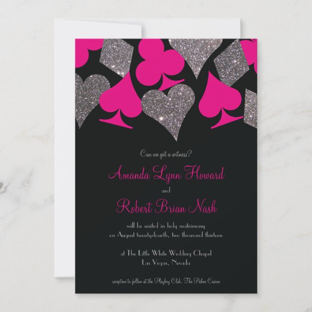 Vegas Wedding Black Hot Pink Silver Faux Glitter Invitation (Front)