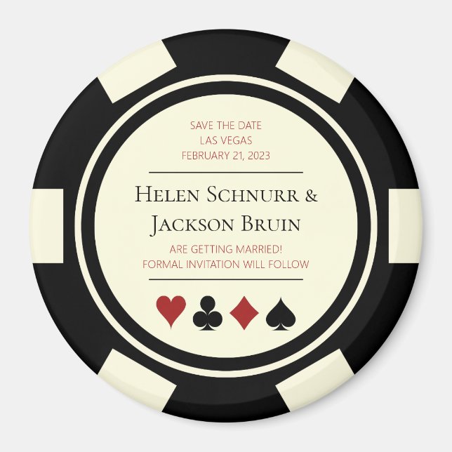 Vegas Wedding Save The Date Poker Chip Black Cream Magnet (Front)