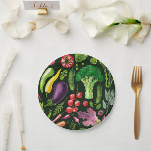 Vegetable and herbs garden harvest on black paper plate