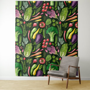 Vegetable and herbs garden harvest on black tapestry