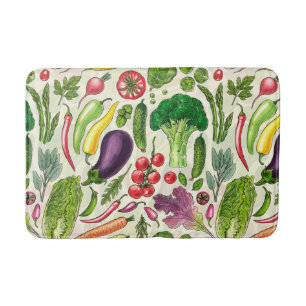 Vegetable and herbs garden harvest on off white bath mat