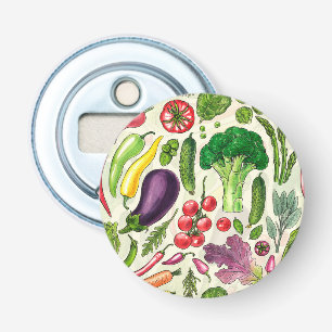 Vegetable and herbs garden harvest on off white bottle opener