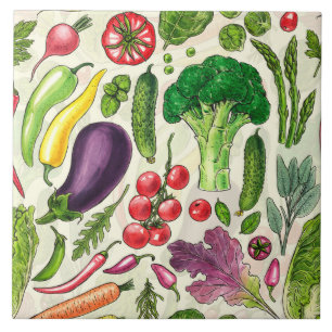 Vegetable and herbs garden harvest on off white ceramic tile