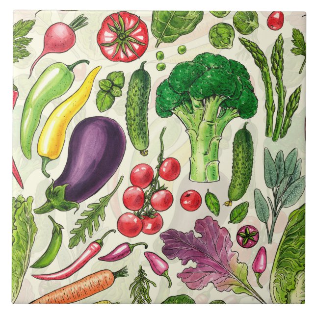 Vegetable and herbs garden harvest on off white ceramic tile (Front)