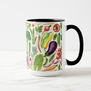 Vegetable and herbs garden harvest on off white mug