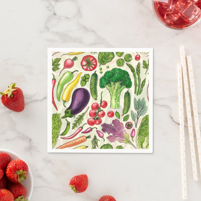 Vegetable and herbs garden harvest on off white napkin (Insitu)