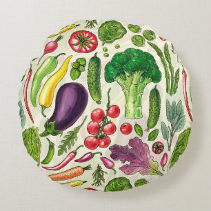 Vegetable and herbs garden harvest on off white round cushion