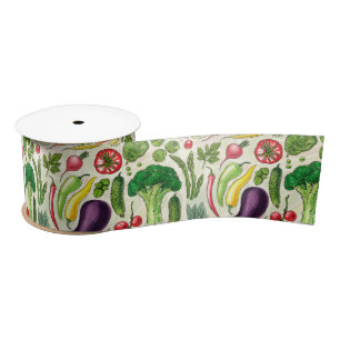 Vegetable and herbs garden harvest on off white satin ribbon