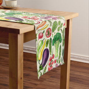 Vegetable and herbs garden harvest on off white short table runner